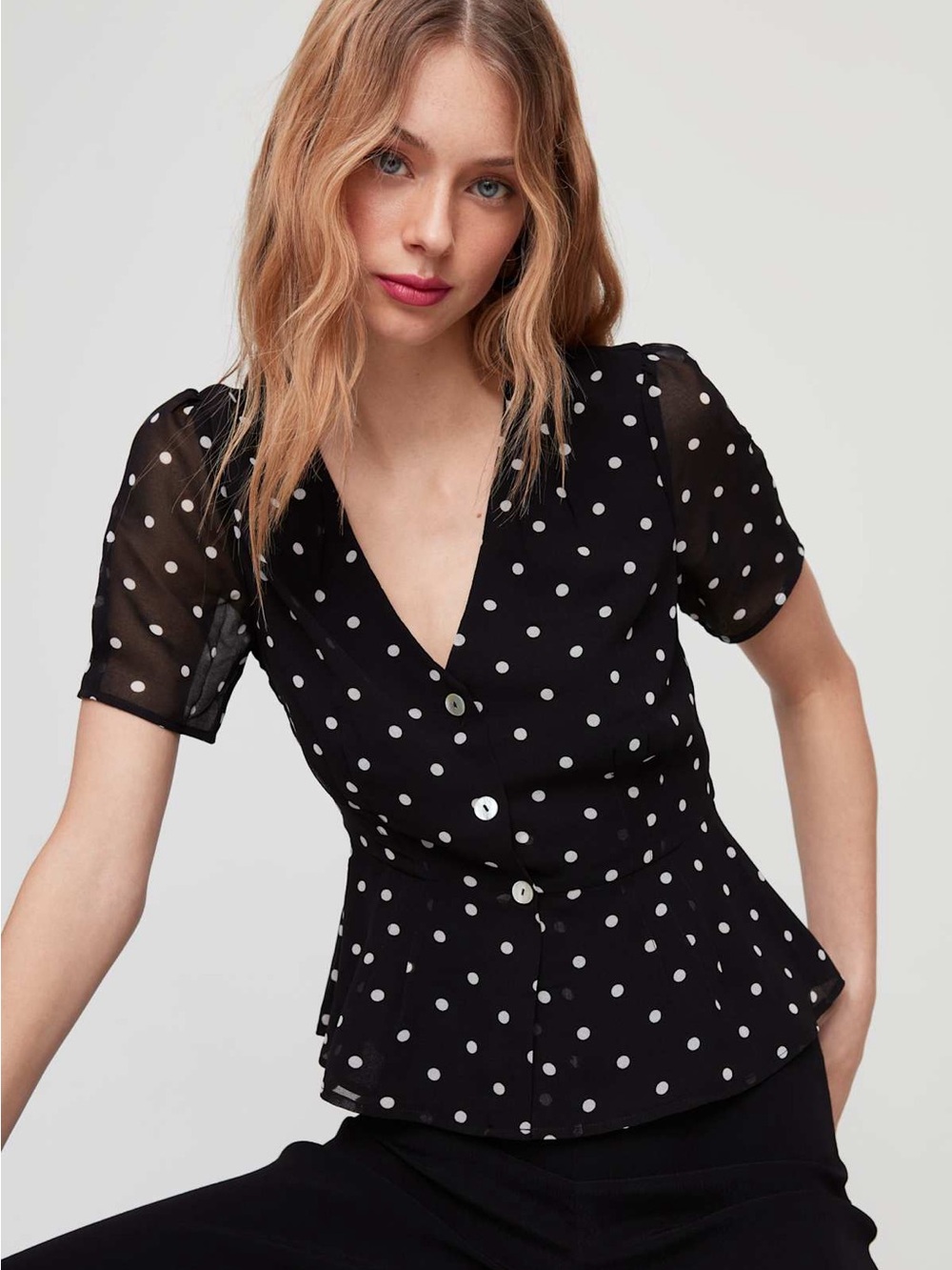 Wilfred Button Front Blouse Black and White Polka Dot Peplum Size 6